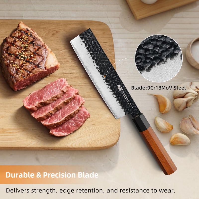 FINDKING Dynasty Series Japanese Nakiri Knife, Professional Vegetable Cleaver, 9Cr18MoV High Carbon Steel Blade, African Rosewood Octagonal Handle, for Shred, Slicing, Mincing, 7 Inches - Image 2